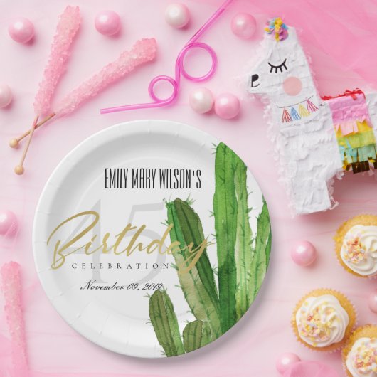 砂漠サボテンの葉の水の色の誕生日パーティー ペーパープレート (パーティー)