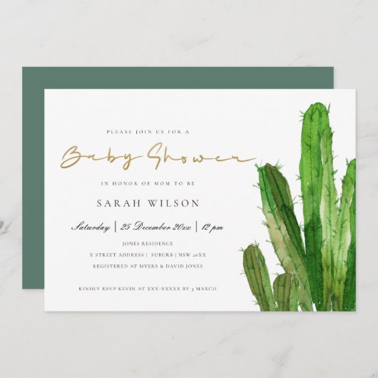 砂漠サボテンの葉金ゴールド水の色ベビーシャワー 招待状 (正面/裏面)