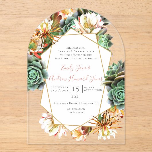 砂漠サボテン多肉幾何学結婚金ゴールド アクリル招待状 (正面)