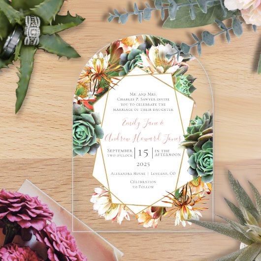 砂漠サボテン多肉幾何学結婚金ゴールド アクリル招待状