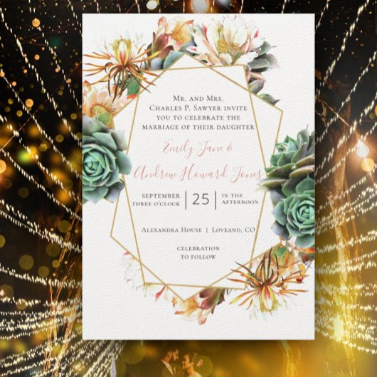 砂漠サボテン多肉性金ゴールド幾何学 招待状