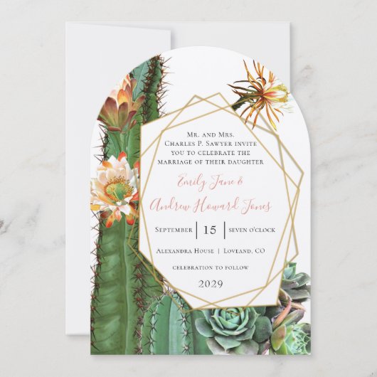砂漠サボテン多肉性金ゴールド幾何金属 招待状 (正面)