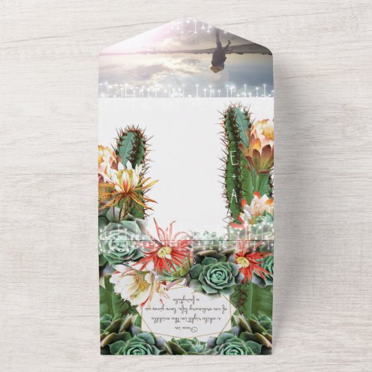 砂漠サボテン幾何金ゴールド結婚枠 オールインワン招待状 (外側)