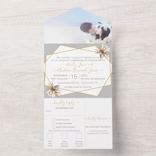 砂漠サボテン幾何金ゴールド結婚枠 オールインワン招待状 (内側)