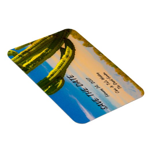 砂漠サボテン青い空の結婚式の日付を保存 マグネット (右側)