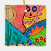 砂漠スカルクリスマスサボテンフォークアート セラミックオーナメント (正面)