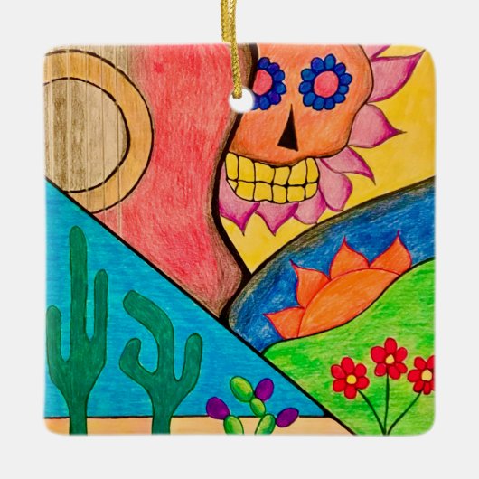 砂漠スカルクリスマスサボテンフォークアート セラミックオーナメント (正面)