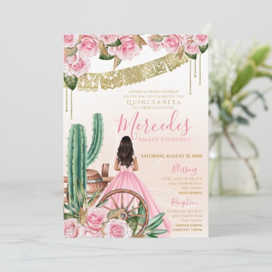 砂漠バラピンクチャラキンセアニェラウエスタンサボテン 招待状 (スタンド正面)