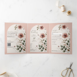 砂漠バラピンク&グリーンフローラグリーン結婚ズ 三つ折り招待状