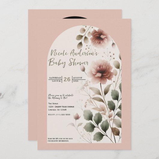 砂漠バラピンク&グリーンフローラベビーシャワー 招待状 (正面/裏面)