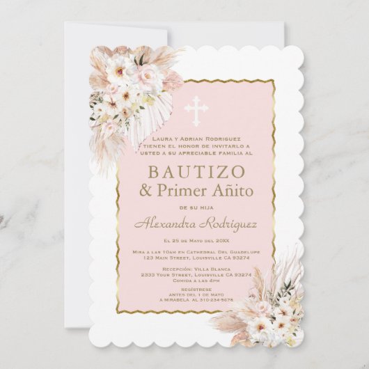 砂漠ホワイトピンクローズ1stバースデーバプテスマ 招待状 (正面)