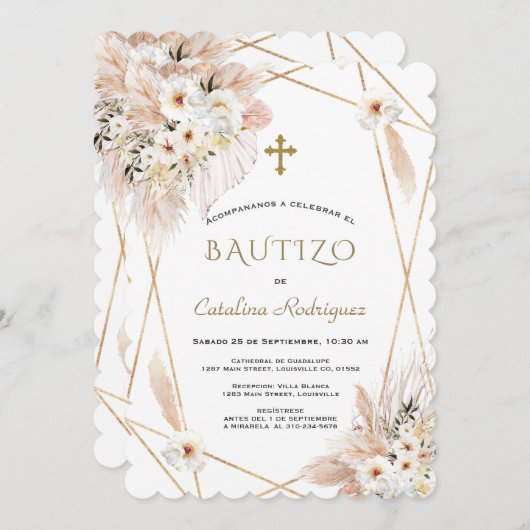 砂漠ホワイトローゼスパンパスグラスバプテスマ 招待状 (正面/裏面)