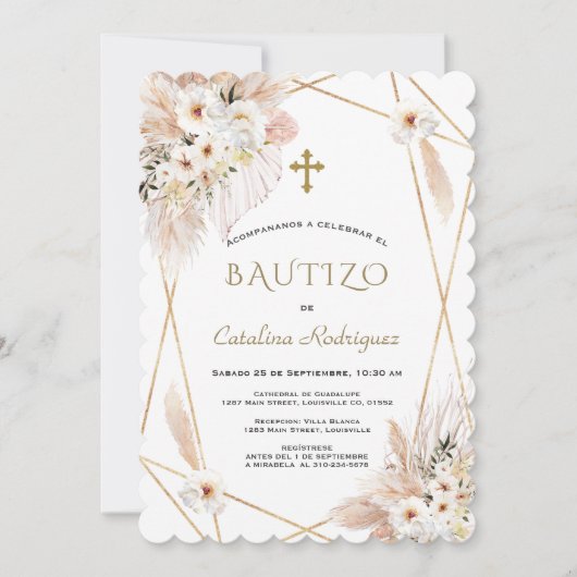 砂漠ホワイトローゼスパンパスグラスバプテスマ 招待状 (正面)