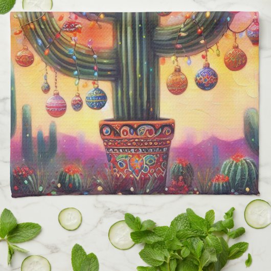 砂漠南西部のクリスマスサグアーロサボテン キッチンタオル (折り畳み)