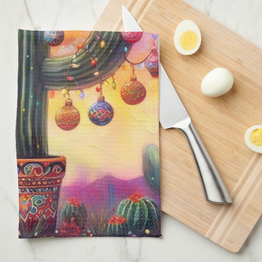 砂漠南西部のクリスマスサグアーロサボテン キッチンタオル (四つ折り)