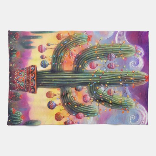 砂漠南西部のクリスマスサグアーロサボテン キッチンタオル (横)