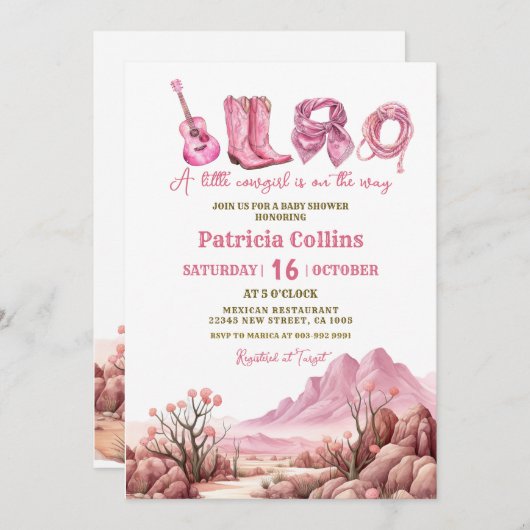 砂漠多肉素朴サボテンの女の子の赤ちゃんシャワー 招待状 (正面/裏面)