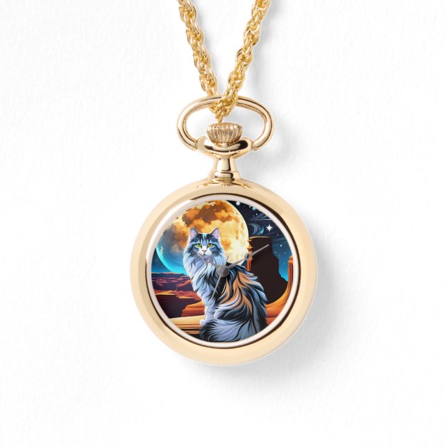 砂漠満月の中で薄いカリコ猫 腕時計 (正面)