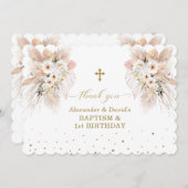 砂漠白いバラの双子1st誕生日バプテスマ サンキューカード (正面/裏面)