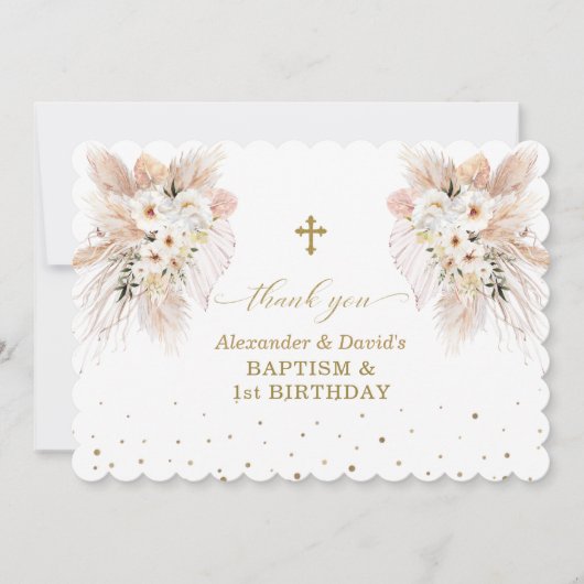砂漠白いバラの双子1st誕生日バプテスマ サンキューカード (正面)