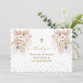 砂漠白いバラの双子1st誕生日バプテスマ サンキューカード (スタンド正面)