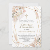 砂漠白フローラスペインの1歳の誕生日バプテスマ 招待状 (正面)