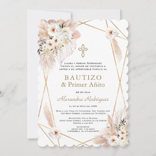 砂漠白フローラスペインの1歳の誕生日バプテスマ 招待状 (正面)