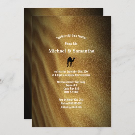 砂漠砂丘の週末遠くにのラクダ結婚ライド 招待状 (正面/裏面)