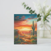 砂漠絵画の夕日のカラフルの絵画もの ポストカード (スタンド正面)