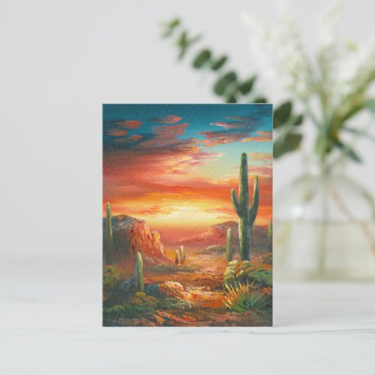 砂漠絵画の夕日のカラフルの絵画もの ポストカード (スタンド正面)