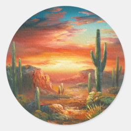 砂漠絵画の夕日のカラフルの絵画もの ラウンドシール