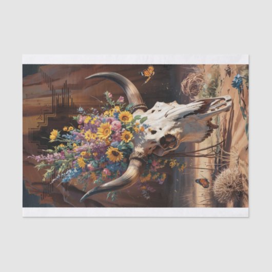 砂漠開花メモリアル、ロングホーンスカル&ワイルドフラワー 薄葉紙 (正面)