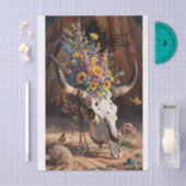 砂漠開花メモリアル、ロングホーンスカル&ワイルドフラワー 薄葉紙 (クラフト)