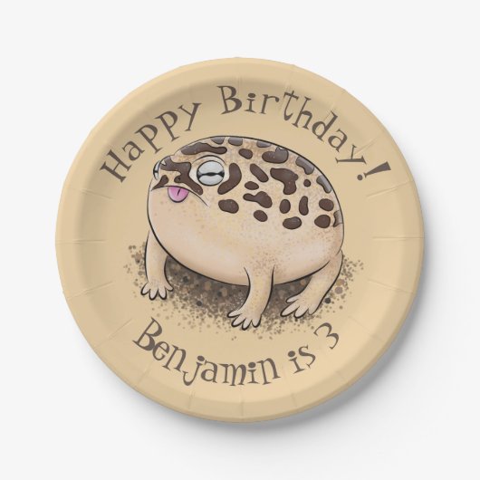 砂漠雨おもしろいカエル漫画イラストレーション ペーパープレート (正面)