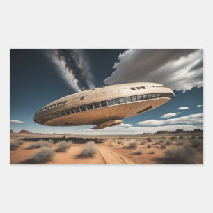 砂漠飛んでいる上空のUFO 長方形シール