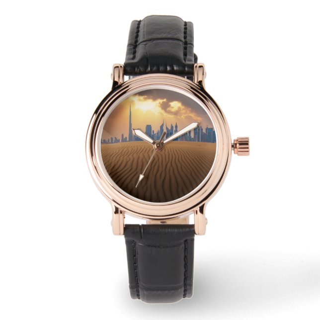 砂漠 |砂丘からのドバイのスカイラインビュー 腕時計 (正面)