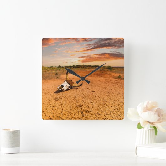 砂漠 |砂漠と牛のスカル スクエア壁時計 (ホーム)