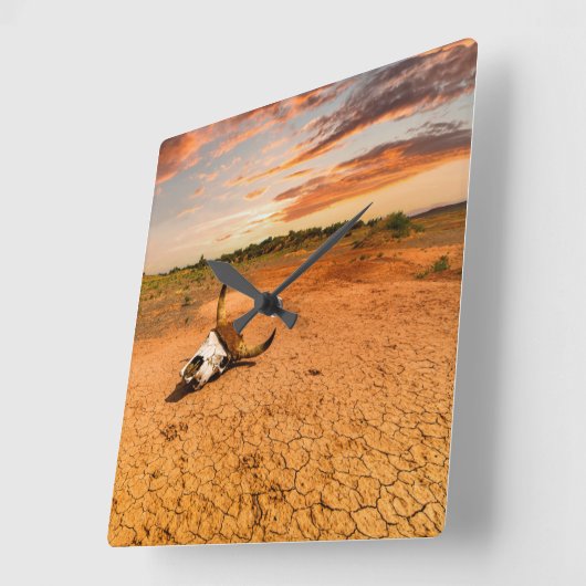 砂漠 |砂漠と牛のスカル スクエア壁時計 (傾斜)