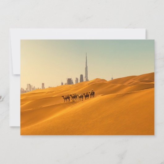 砂漠 | Dubai's Skyline View with Camels サンキューカード (正面)