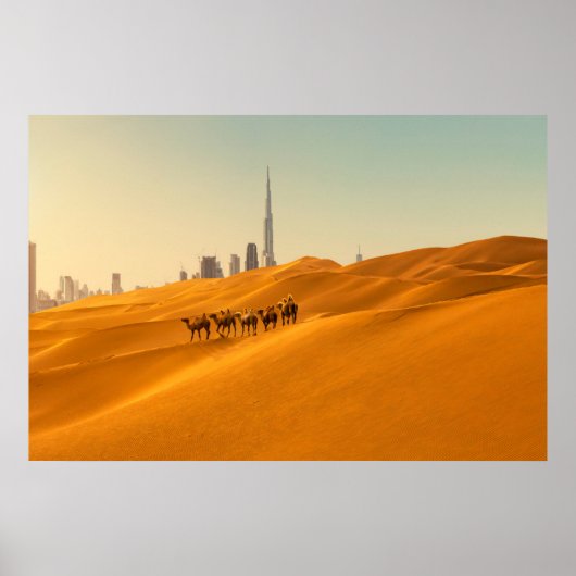 砂漠 | Dubai's Skyline View with Camels ポスター (正面)