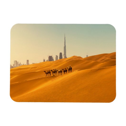 砂漠 | Dubai's Skyline View with Camels マグネット (横)