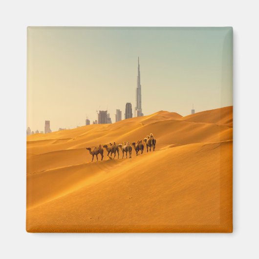 砂漠 | Dubai's Skyline View with Camels マグネット (正面)