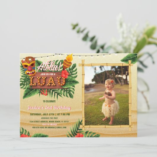 砂熱帯ルアウ(ハワイ式宴会)誕生日招待状(写真付き) 招待状 (スタンド正面)