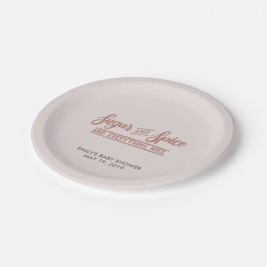 砂糖およびスパイスのばら色の金ゴールドのタイポグラフィのベビーシャワー ペーパープレート (アングル)