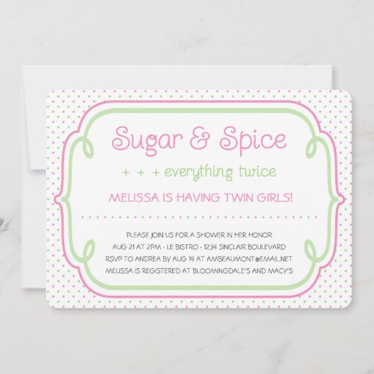 砂糖およびスパイスの双生児のベビーシャワーの招待状 招待状 (正面)