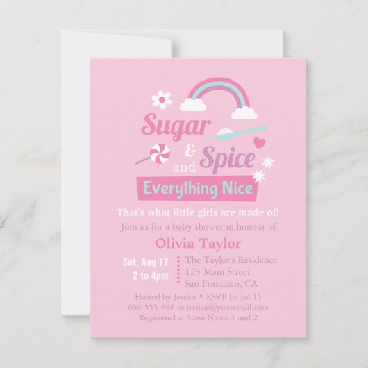 砂糖およびスパイスの女の子のピンクのベビーシャワー招待状 招待状 (正面)