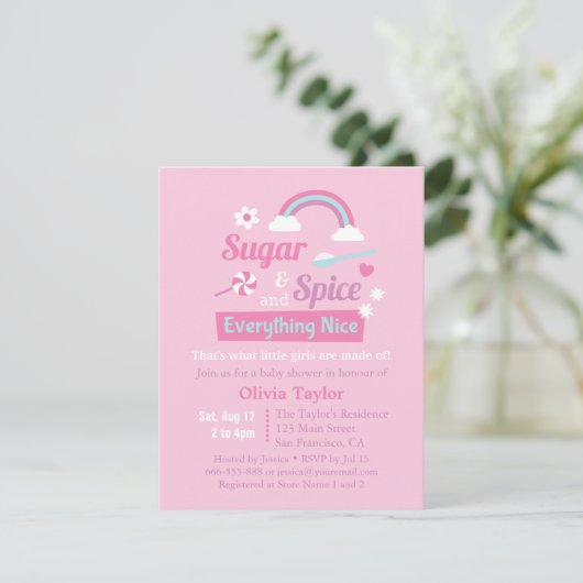 砂糖およびスパイスの女の子のピンクのベビーシャワー招待状 招待状 (スタンド正面)