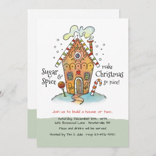 砂糖とスパイスジンガーブレッドハウス飾のパーティー 招待状 (正面/裏面)