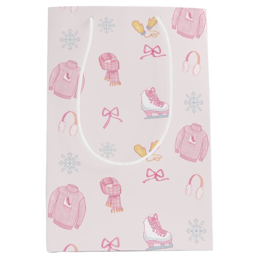 砂糖と氷の姿スケートアイススケートウィンターピンク ミディアムペーパーバッグ (正面)