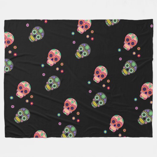 砂糖のスカルと花の死のパターンの日 フリースブランケット (正面(横))
